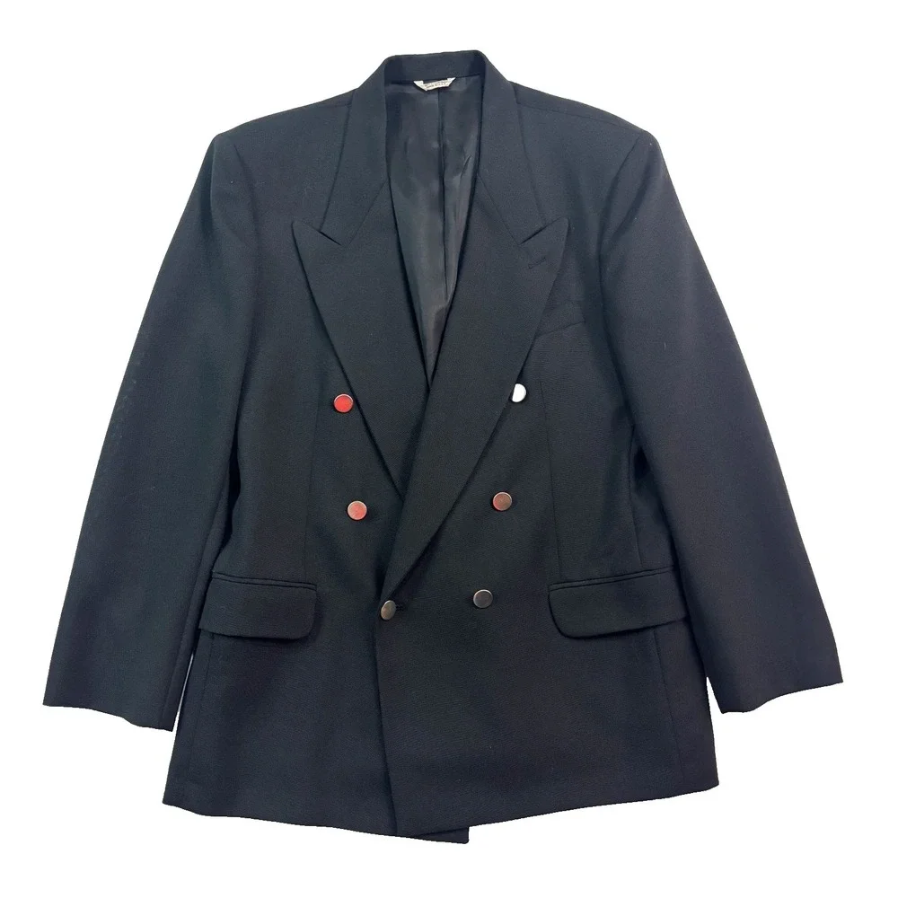 vtg‎ 90s Black 42R Double Breasted Hopsack Blazer Jacket Sport Suit Coat USA